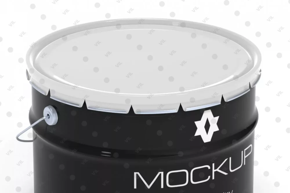 10 л V2_mockup_top-3 Ракурс сверху: металлическое ведро 10 л с крышкой «Корона» в PSD 3840×3840. Smart Object для дизайна, отдельные слои глянца/отражений, тени и фона.